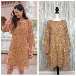 Sundance L Pink Gold Floral Embroidered Bix Shift Dress Cocktail Party Boho